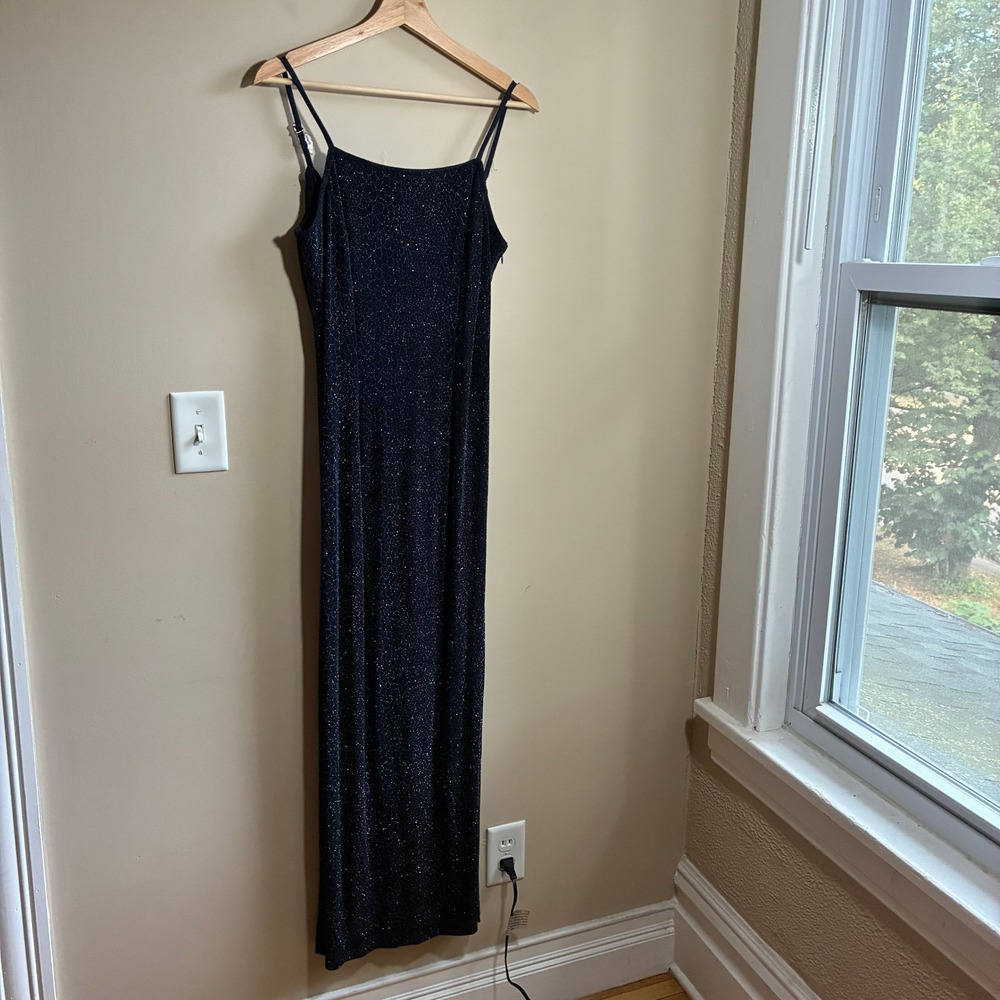 Bari Jay Vintage Formal Cowl Back Maxi Dress 7-8 Navy Women Glitter Rhinestone
